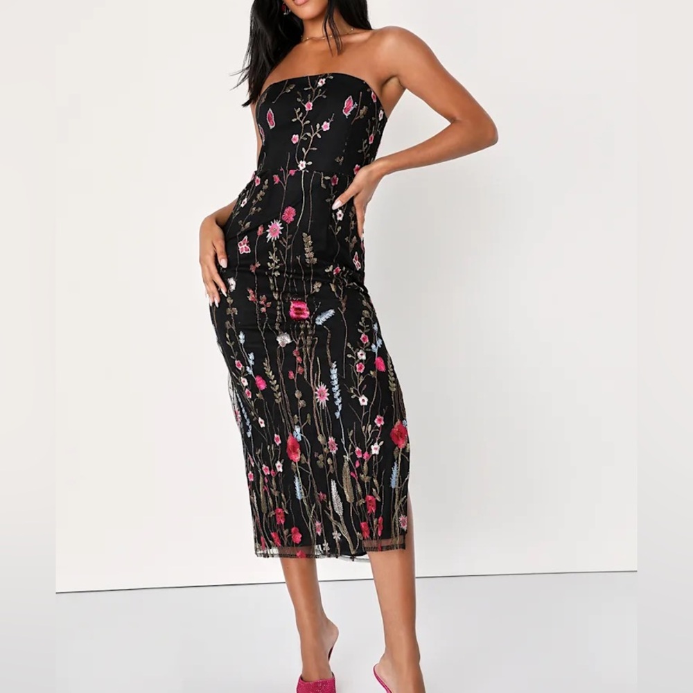 Lulus Bold Botanicals Black Floral Embroidered Strapless Midi Dress